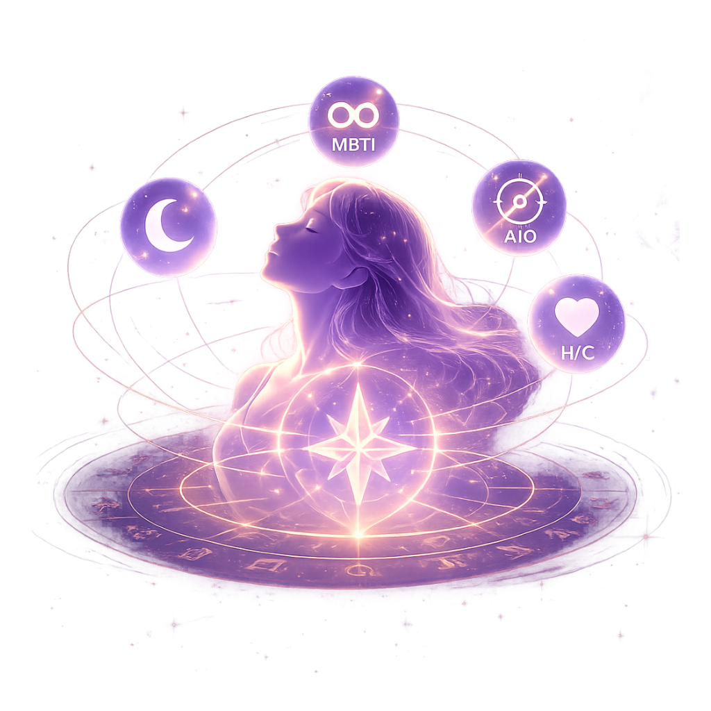 Glowing soul figure surrounded by MBTI, zodiac, decisiveness and warmth icons, representing the 64-type persona map